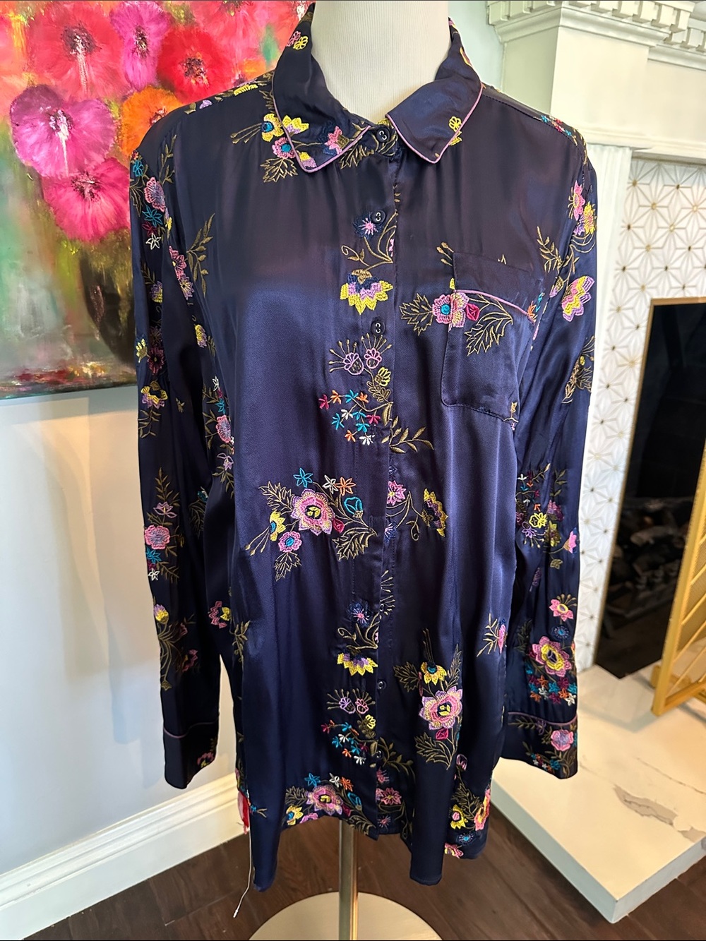 Johnny Was Navy Floral Satin Button-Down Shirt